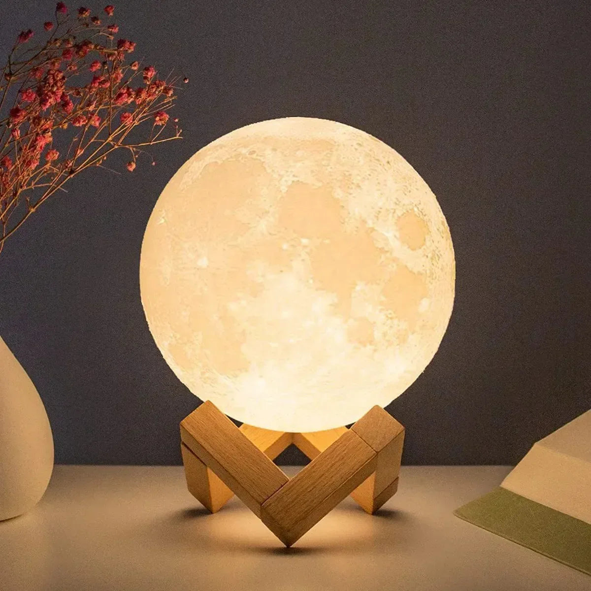 LED Night Light USB Rechargin 8cm Moon Lamp Battery Powered With Stand Starry Lamp Bedroom Decor Night Lights Kids Gift