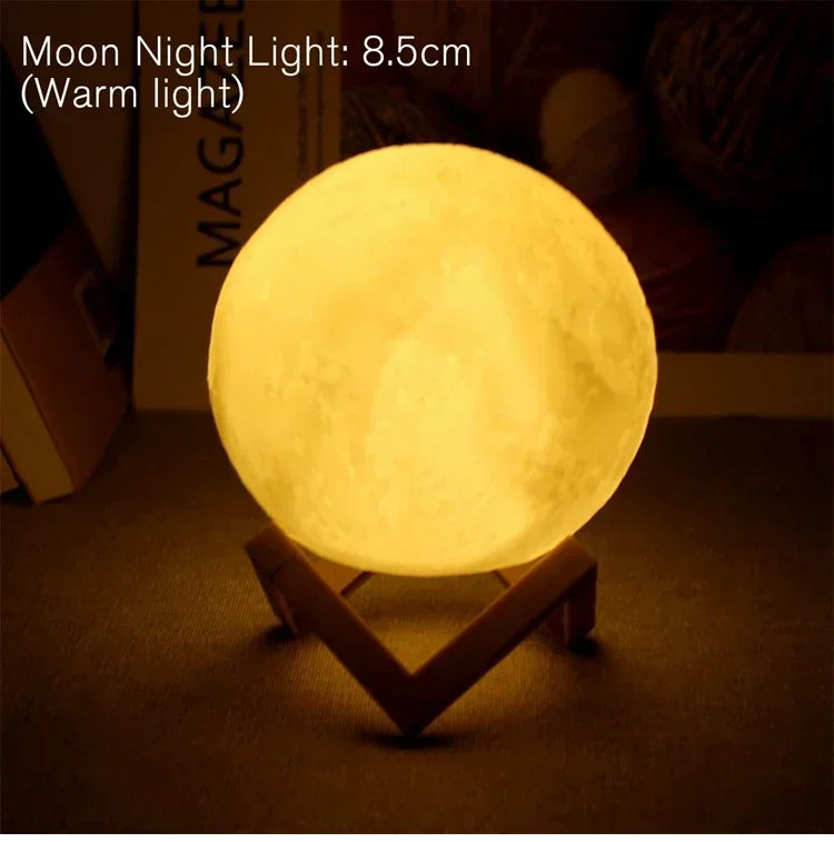 LED Night Light USB Rechargin 8cm Moon Lamp Battery Powered With Stand Starry Lamp Bedroom Decor Night Lights Kids Gift