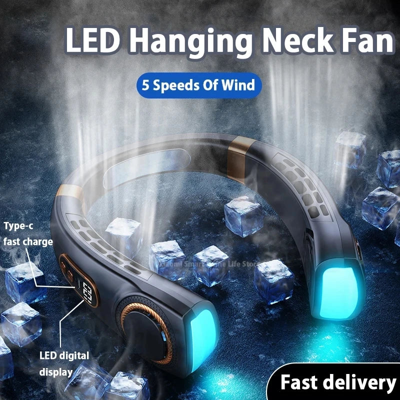 New wholesale price USB rechargeable portable neck fan, LED digital screen, mini electric fan with LED lights, 5-speed air cooli