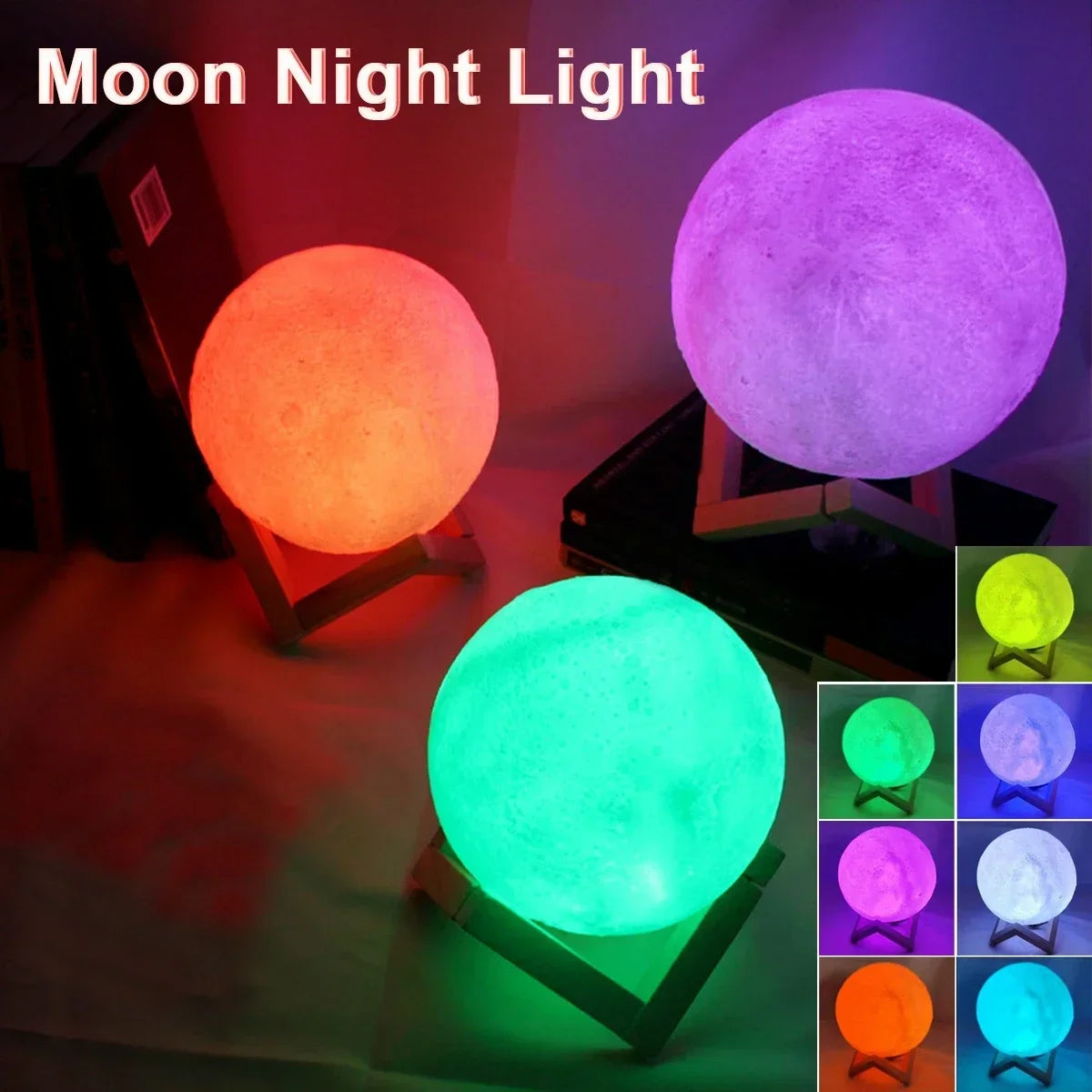 LED Night Light USB Rechargin 8cm Moon Lamp Battery Powered With Stand Starry Lamp Bedroom Decor Night Lights Kids Gift