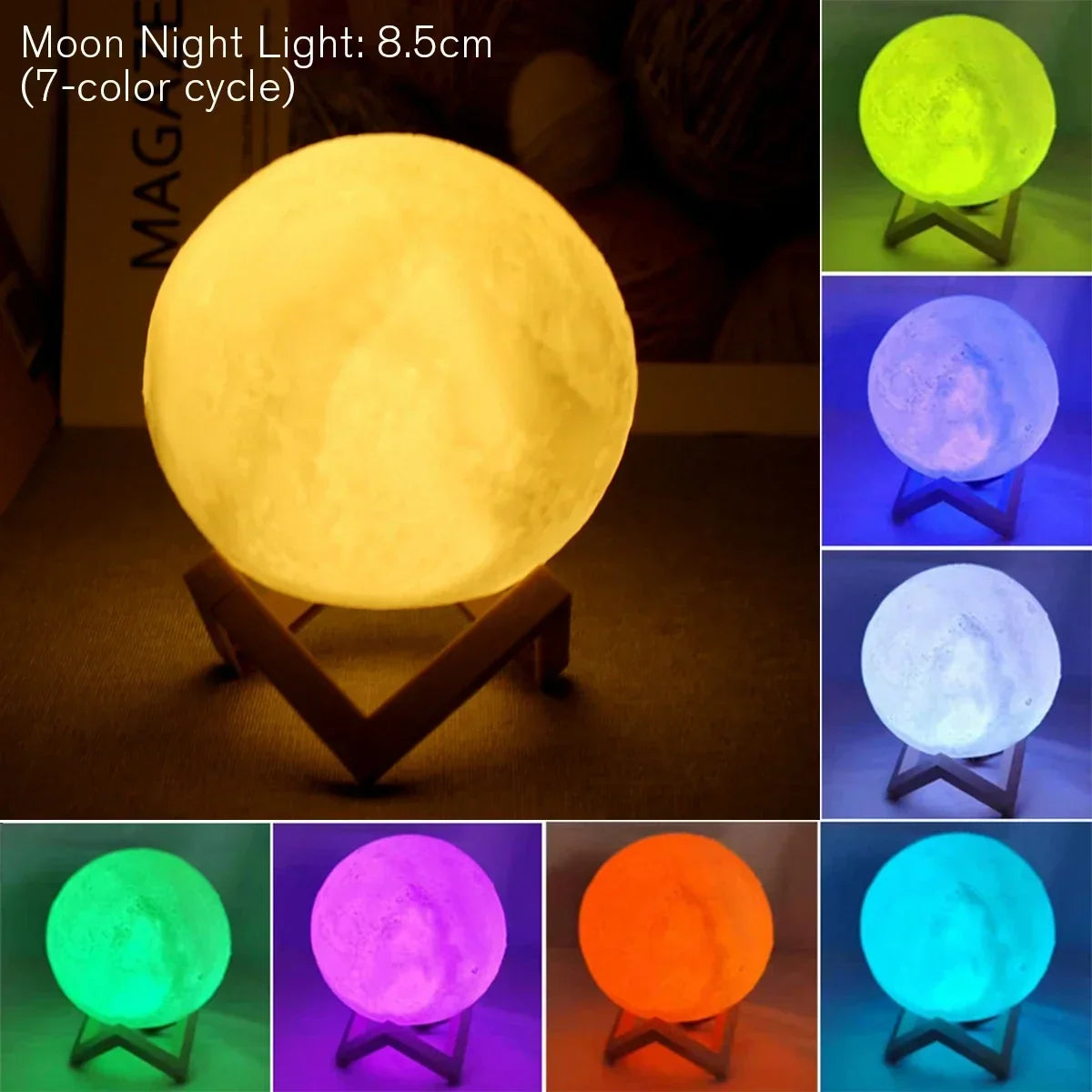 LED Night Light USB Rechargin 8cm Moon Lamp Battery Powered With Stand Starry Lamp Bedroom Decor Night Lights Kids Gift