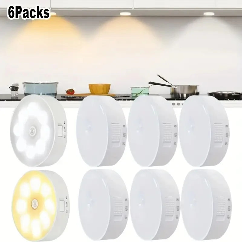 6pcs LED Motion Sensor Lights Under Cabinet Light USB Rechargeable Suitable for Wardrobes Closets Cabinets Kitchen Night Lamps