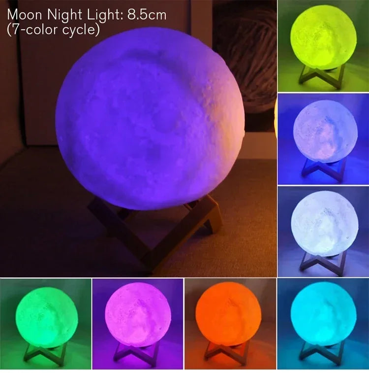 LED Night Light USB Rechargin 8cm Moon Lamp Battery Powered With Stand Starry Lamp Bedroom Decor Night Lights Kids Gift